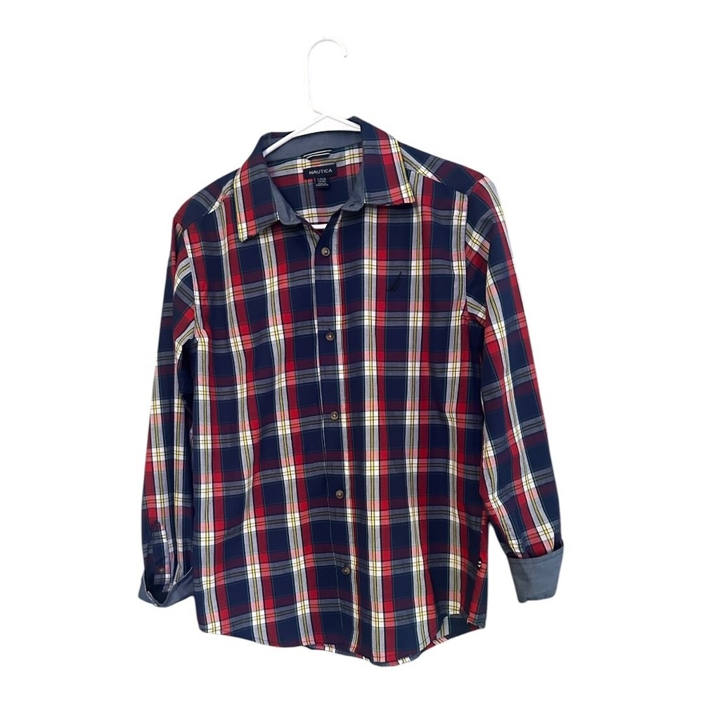 Nautica Plaid Red Blue Yellow Boys Button Up Shirt Size Large 14-16